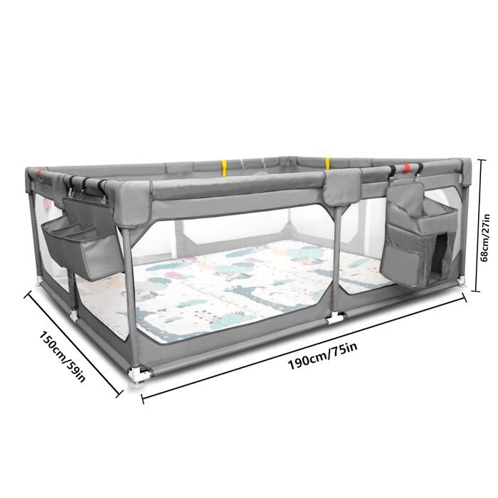 JINXIA Playpen Baby 190x150cm, Baby Safety Gate with Breathable Mesh and Mattress, Extra Large Playpen for Babies and Toddlers, Robust Safety Play Yard for Indoor Fun, XXL, Grey 190×150cm