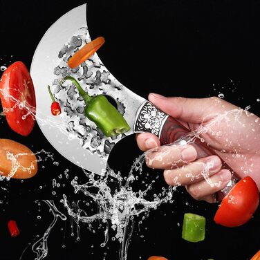 Японський ніж Doklasu для обробки м'яса, ручної роботи, Full Tang, сталь 5Cr15MoV, з червоним дерев'яним руків'ям та піхвою (10 см, стиль Ulu)