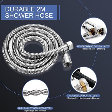 Насадка для душу з шлангом 2 м, фільтрована ручна лійка, високий тиск, економія води з мінеральними кульками, 5 режимів, стоп-функція для жорсткої води, залишків хлору, бактерій та важких металів, сірого кольору з шлангом