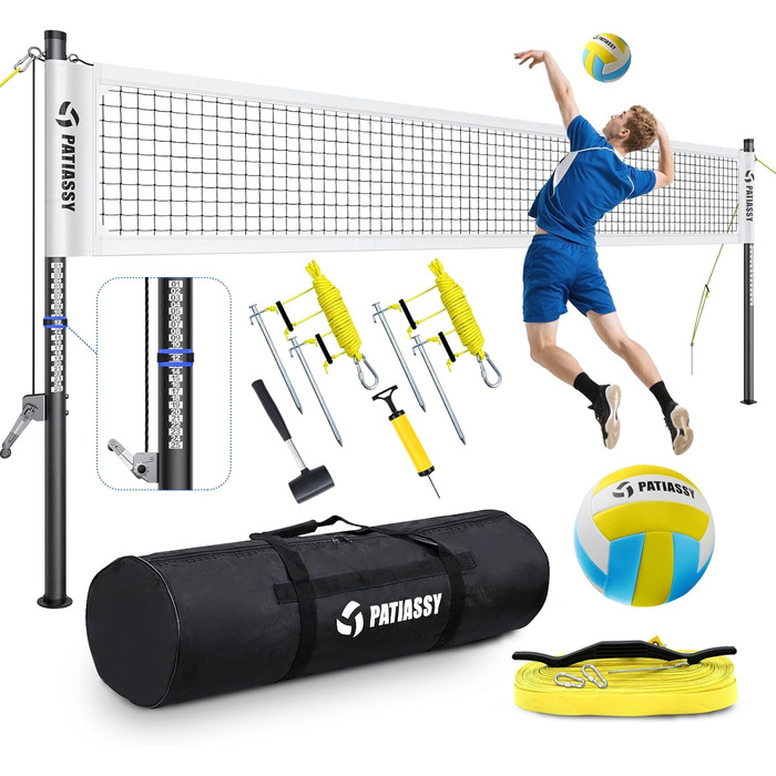 Portable Professional Volleyball Net Set for Outdoor Use - Adjustable Aluminum Poles, Winch, Ball & Carry Bag