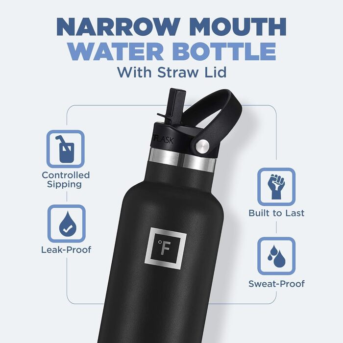 Фляга з нержавіючої сталі з 3 кришками - термофляга, витікання виключено - металева вода, подвійні стінки, ізольована, BPA-free, для спорту, школи, фітнесу, кемпінгу, колір: Чорний Полунічний, об'єм: 710 мл