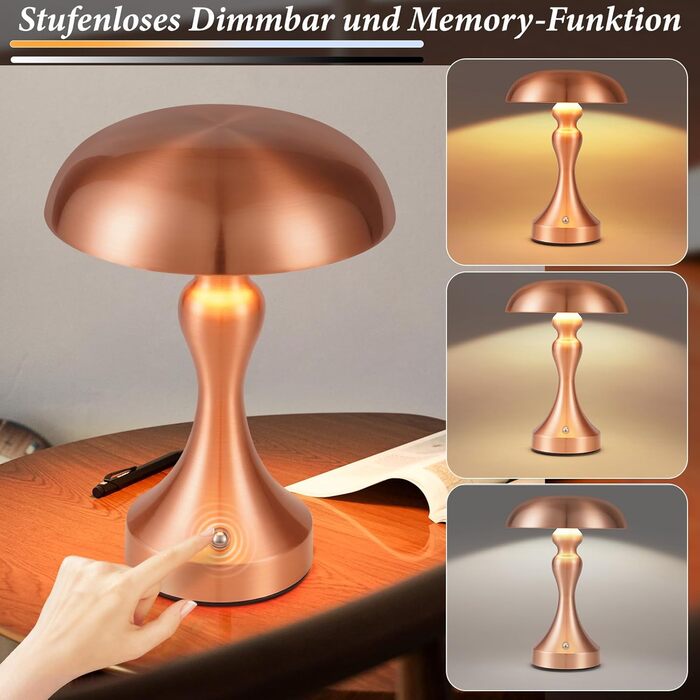 Бездротова настільна лампа з акумулятором - LED торшер з сенсорним керуванням, регулюванням яскравості, вінтажний дизайн, USB зарядка, нічник для спальні/вітальні (червоно-бронзовий)