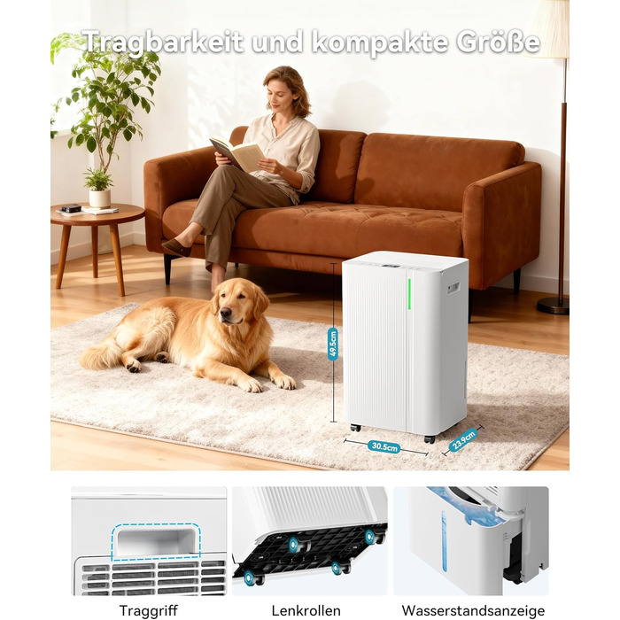 Електричний осушувач повітря EUHOMY 12л/24г, тихий та економічний, з відведенням води, автоматичним розморожуванням, 3 режими, для квартири 25м²/122м³