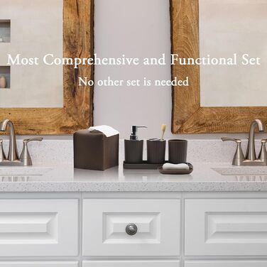 Комплект аксесуарів для ванної кімнати, 10 предметів: коричневий набір з відром, тримачем для зубних щіток, мильничкою, дозатором мила, тримачем для унітазного йоржика, контейнером для ватних паличок та кришкою для серветок
