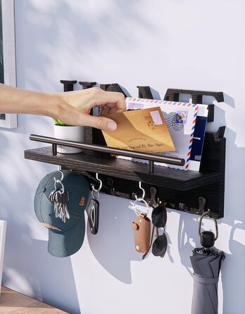 Дерев'яне ключниця-органайзер на стіну з полицею, 7 гачків, чорний, для дому