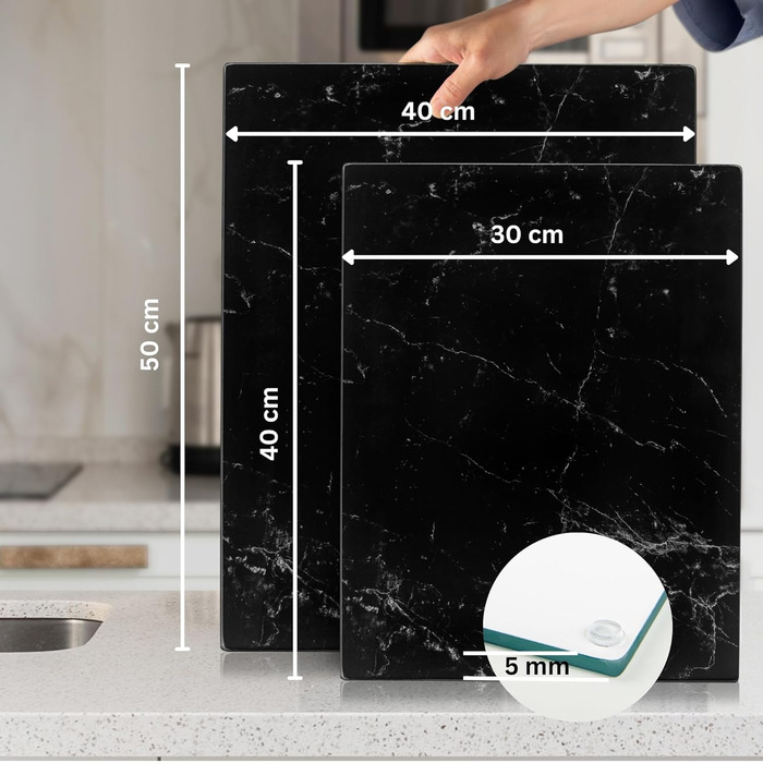 Скляна дошка для нарізання 40x30 см - гігієнічна, стійка до високих температур, подряпин та ковзання - чорний дизайн під мармур