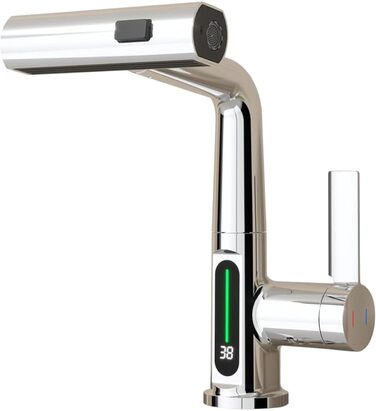 Кран кухонний з витяжною лійкою, 3 режими, LED-індикатор температури, однорідний змішувач, поворот на 360°, кран для мийки, кран кухонний, високий тиск, регульована висота (хром)