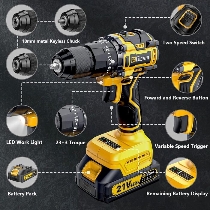 Акумуляторний шуруповерт 21V з набором 2 акумулятори 2.0Ah, 55Nm, 23+3 ступені, 10мм патрон, 2 швидкості, LED-ліхтик, 24шт аксесуарів та кейс для дому та саду