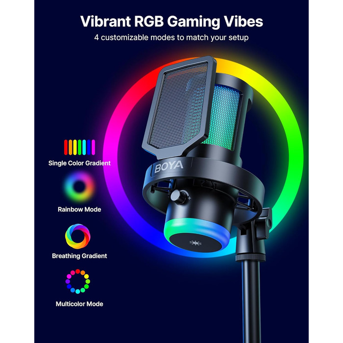 BOYA G30 USB Мікрофон для Ігор та Стрімінгу з RGB підсвіткою, шумозаглушенням, поп-фільтром. Конденсаторний мікрофон для ПК/PS4/PS5