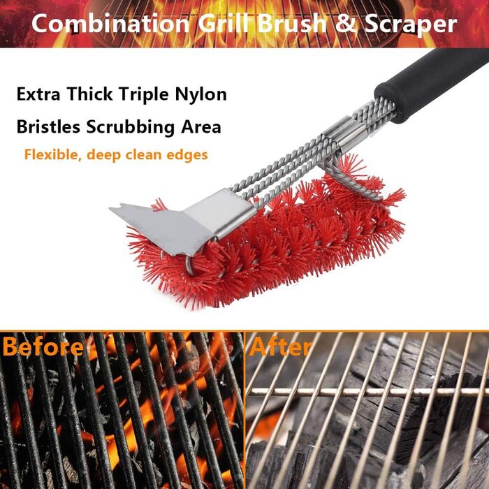 XSUPER Nylon Grill Brush, 3-in-1 Grill Brush and Scraper, Best Nylon Bristle Brushes, 45.7cm Grill Cleaning Brush for a Cool Grill, Scraper for Grill Grates, Universal Grill Accessories