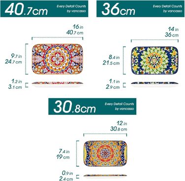Vancasso Porcelain Serving Platter Set, SIMI Series Rectangular Plates Set, Bohemian Dinner Plates, Cake Plates, Dessert Plates, Breakfast Plates, 3 Sizes Serving Platters