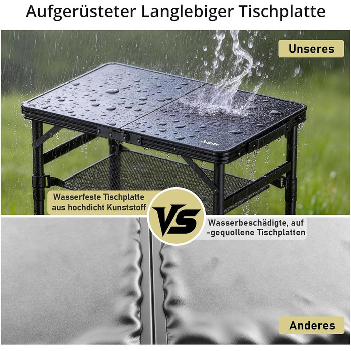 Складний кемпінговий стіл Anbte 58x40 см, алюмінієвий каркас, чорний пластиковий стіл з регульованою висотою (26/48/70 см) для пікніка, саду, балкону з сіткою для зберігання