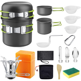 Набір посуду для кемпінгу з газовою плитою, туристичний посуд, складний набір каструль з алюмінію для BBQ, пікніка, походів (1-2 особи)