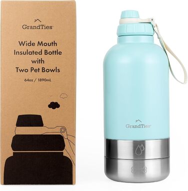 GrandTies Ізольована портативна пляшка для води для собак з 2 знімними диспенсерами для мисок, водонепроникний контейнер для корму для собак, аксесуари для собак для прогулянок, походів, кемпінгу (950 мл, ПУДРОВИЙ ГІРЧИЧНИЙ)
