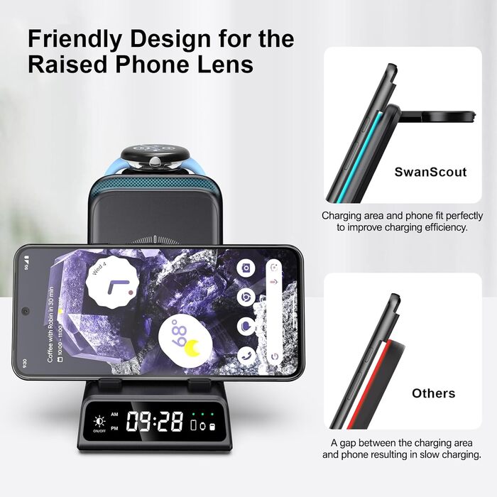 Бездротова зарядна станція 3-в-1 для Google Pixel Watch 3/2, Fitbit Versa 4/3, Sense 2/1, Samsung Galaxy S26 Ultra, iPhone 17 та Pixel Buds Pro 2 - SwanScout 703G2 (Чорний)