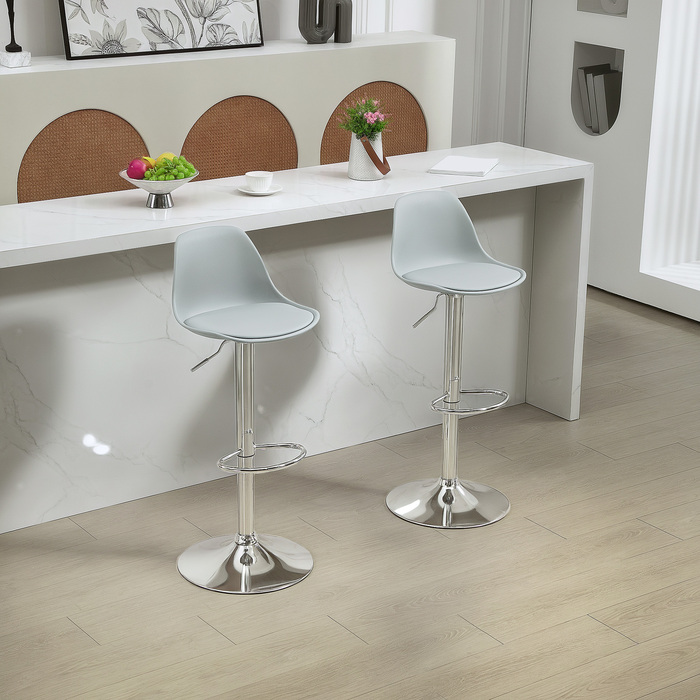 HOMCOM Set of 2 Bar Stools, Upholstered Bar Chair with Steel Frame, Backrest, Height Adjustable Kitchen Stools with Footrest 360° Swivel Counter Stools for Kitchen, Living Room, Dining Room, Faux Leather Grey | Aosom