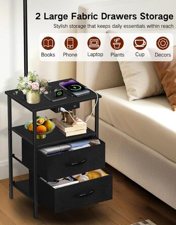 Стельова лампа для вітальні з тумбою та полицею, регульована LED, з пультом, 3 колірні температури, приліжкова тумба з зарядкою та полицею, дерев'яний столик для спальні/офісу (чорний з шухлядами)