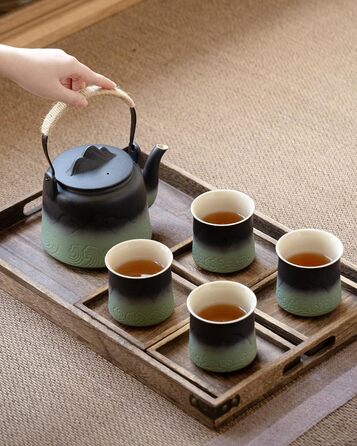 ZENS Design Japanese Teapot, 1000ml Gradient Embossed Japanese Teapot Ceramic with Built-in Strainer and Hemp Rope Handle for Loose Tea Steeper, Gift for Tea Lovers, Black & Bean Green (Black & Bean Green, 1000ml Teapot & 4 of 200ml Cups)