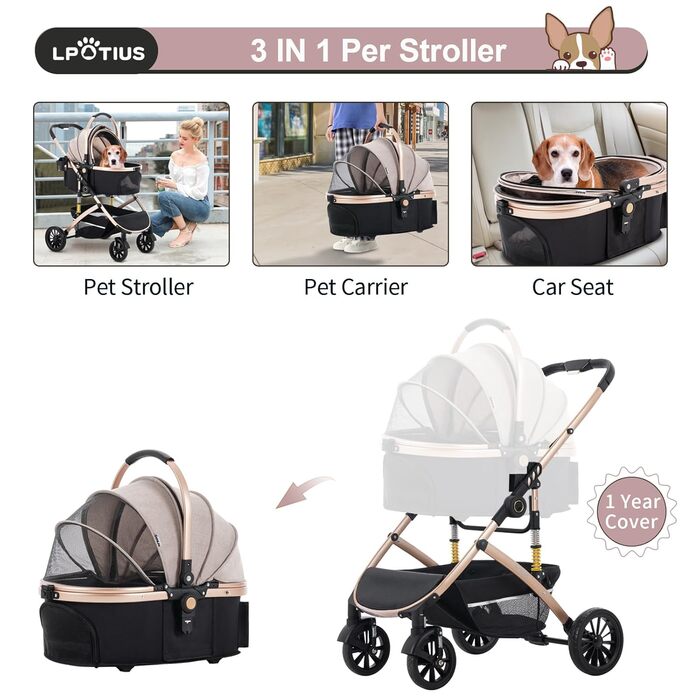 3 в 1 Візок для собак з знімним сидінням для подорожей, переноска для собак, складаний, візок для домашніх тварин для дітей до 25 кг, Рожевий, Шампань, 25 кг