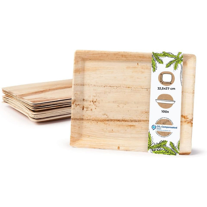 BIOZOYG Serving Platter, 100 Pieces, 32.5 x 27 cm Rectangular - Palm Leaf Plates Serving Tray Cake Plate Compostable Tray - Snack Plates, Alternative to Slate Boards