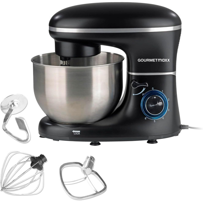 Gourmetmaxx Kitchen Machine with Kneading and Whisking Function | Powerful kitchen machine with a large 5-liter stainless steel bowl and direct drive | Includes mixing attachment, dough hook & whisk [1,500 watts] Metallic Black