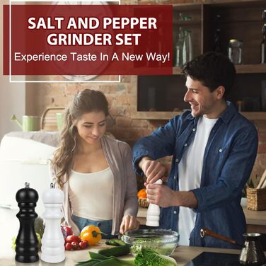 Набір для солі та перцю: ручні млини для перцю та солі, чорного кольору, великі. Дерев'яні млини для спецій з регульованою керамічною помелювальною камерою (від дрібної до грубої). 6,5 дюйми для морської солі, чилі, грубої солі (чорний та білий), 2 шт.