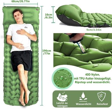 Надувний килимок для кемпінгу Isomatte - самонадувний, 9 см, для авто, намету, трекінгу, пляжу (зелений)