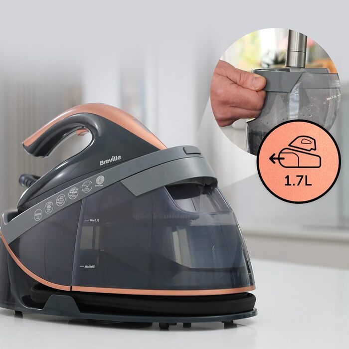 Праска Breville Powersteam 2600W з керамічною підошвою, 220г паровий удар, вертикальний струмінь 50 г/хв, автовимкнення, білий/блакитний (станція для прасування)
