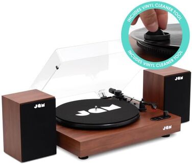 Програвач вінілу JAM з колонками Bluetooth – чорний (горіх) | 3 швидкості, пилозахисний ковпак, попередньо налаштований тонарм, засіб для чищення вінілу в комплекті
