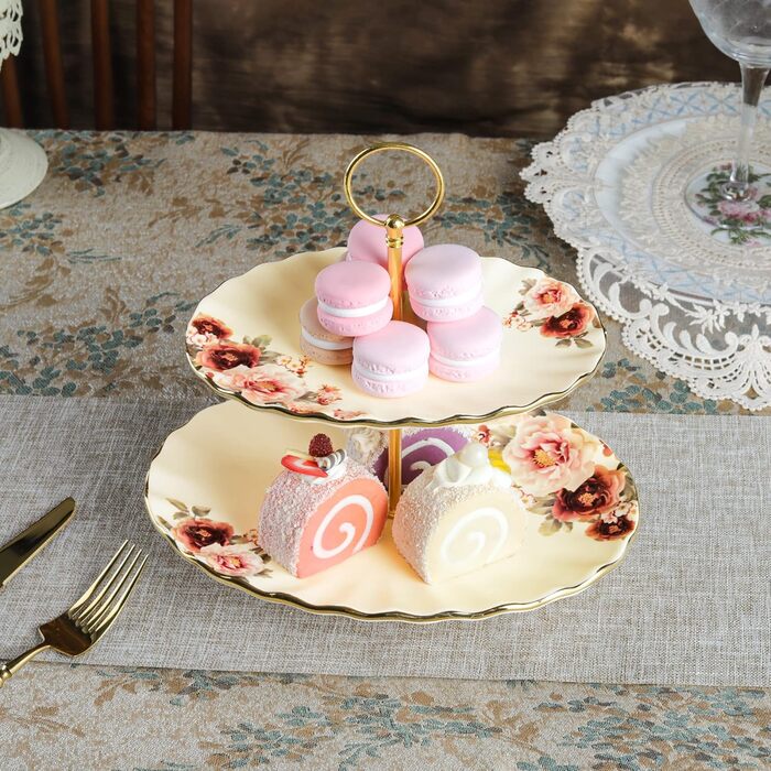 Стійка для тортів та випічки Fanquare з кераміки, золота, 2 яруси