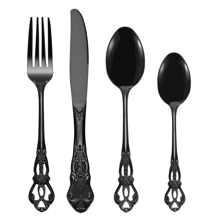 Набір столових приборів Retro на 6 осіб, 24 предмети, нержавіюча сталь, чорний, антикварний бароковий стиль