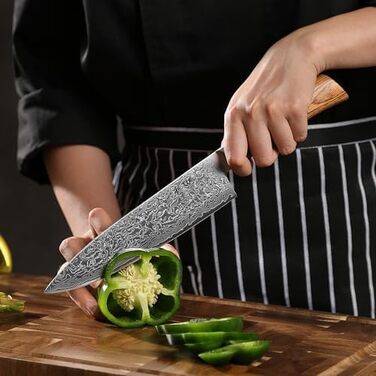 Ніж кухарський Wakoli EDIB Pro з дамаської сталі (серцевина VG10), 20 см - гострий та збалансований, з ручкою з паккавуду в подарунковій коробці - кухонний ніж з дамаску для професійних та аматорських кухарів, срібний