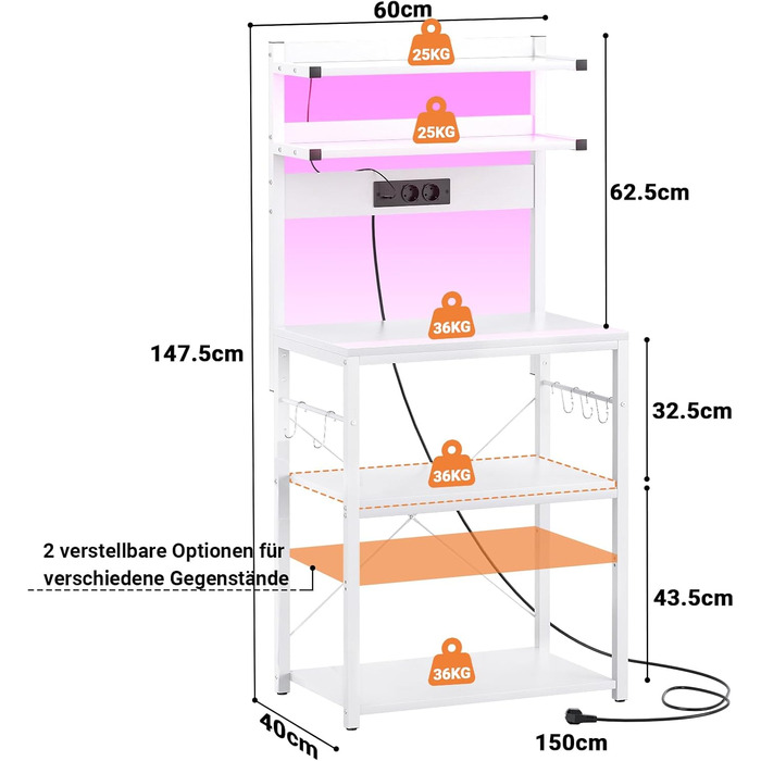Кухонна полиця-органайзер з розеткою, стійка для мікрохвильовки, 5-ярусна кавобар з LED-підсвічуванням, полиця для спецій, каструль та сковорідок (60см, білий)
