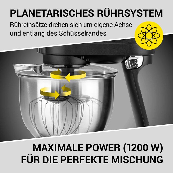 N8WERK Kitchen Machine in the Midnight Edition | Whisk, dough hook, and beaters | Splash guard with filling opening | 5 L stainless steel bowl | 6 speed settings | 1200 watts | digital display