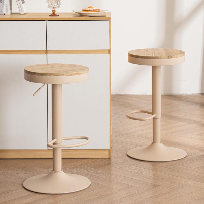 Kidol Adjustable Height Bar Stools 2-Pack - 360° Swivel, Round Wood Seat, Metal Frame - Kitchen/Bar/Living Room Stools