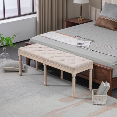 HOMCOM Upholstered Bench Vintage 117x40x48cm Ottoman Bench Bed Bench Bedroom Bench with Buttons Linen Look up to 120kg Beige