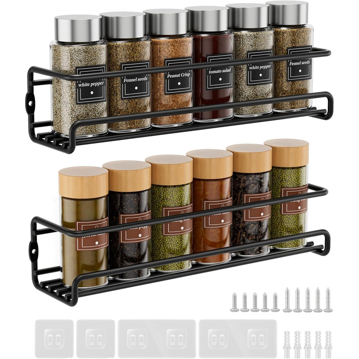 Настінна полиця для спецій, 2 шт. Організатор для спецій без свердління, металевий тримач для спецій з кріпленням на липучках та гвинтами, для кухонної шафи та комори