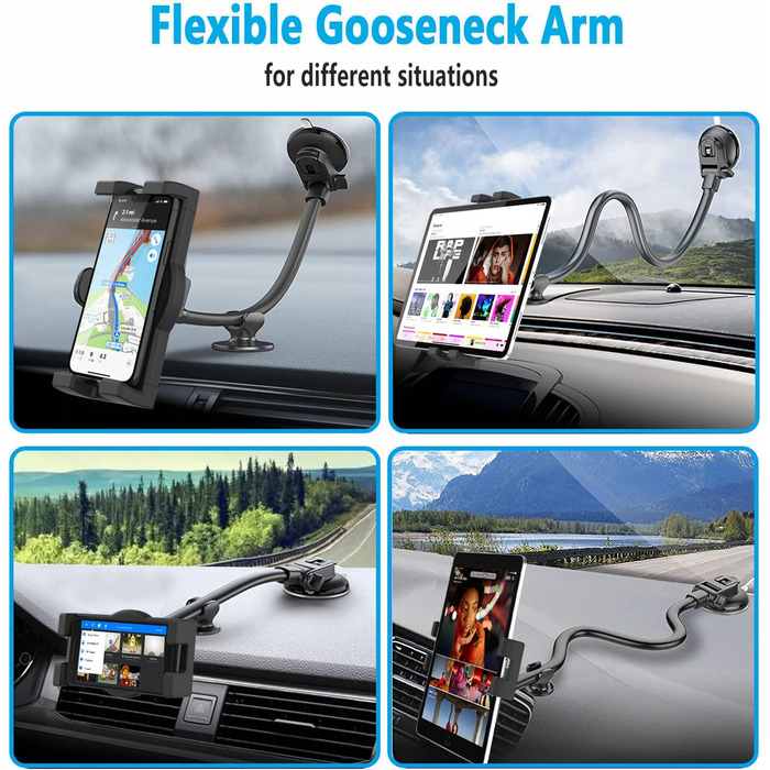 Підставка для планшету Oilcan Schwanenhals для автомобіля: кріплення на панель приладів/лобове скло, гнучкий тримач 34 см, сумісний з iPad, Galaxy, телефонами 4-12.9 дюймів
