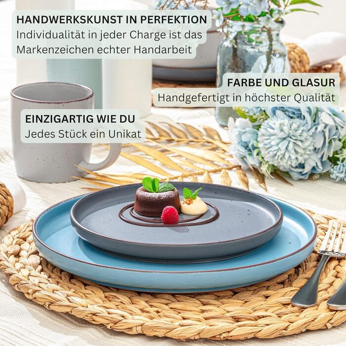 Набір посуду SÄNGER Bombay Sky Shades (12 предметів) | Столовий сервіз для 4 осіб, 4 тарілки для їжі, 4 тарілки для десерту, 4 миски | Яскравий набір тарілок, кераміка