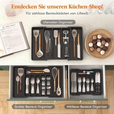 Lifewit 2 Pack Cutlery Box, Adjustable Width from 23 to 37 cm Cutlery Insert for Drawers, 5 to 7 Compartments Drawer Cutlery Organizer for Kitchen, Small Cutlery Holder for Spoons/Forks, Black