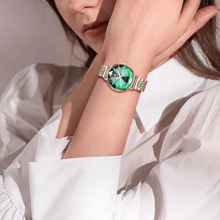 Жіночий наручний годинник JewelryWe Rosegold: кварцовий аналоговий годинник зі сталі, водонепроникний (30м), з календарем, підсвічуванням стрілок та граненим склом, колір Rosegold-Зелений
