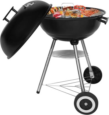 Charcoal grill, portable, round, with lid, double wheels, grill on stand, φ 41 cm, height 70 cm, black