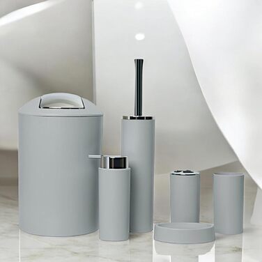 Комплект аксесуарів для ванної кімнати 6tlg Badset: органайзер, мильниця, стакан для зубних щіток, відро для косметики, щітка для унітазу з тримачем, мильниця, сміттєвий бачок, тримач для зубних щіток (Сірий, дизайн 2a)