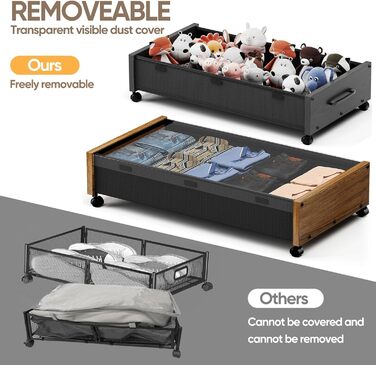 Підліжкова комода на колесах з дерева, знімний верх, великі металеві контейнери для зберігання взуття, ковдр, одягу, спальня, гуртожиток (Вінтаж-коричневий, 2 шт.)