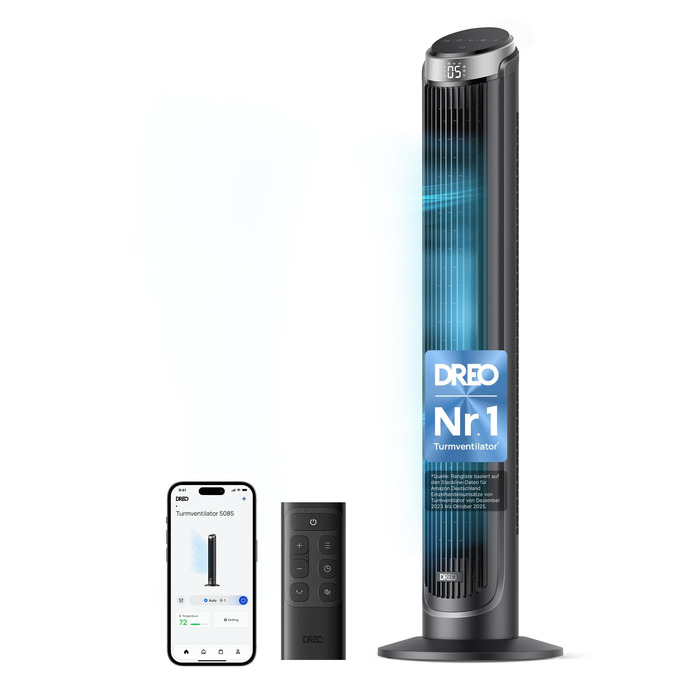 DREO Smart Tower Ventilator: Тихий вентилятор з Wi-Fi, дистанційним керуванням та керуванням голосом (Alexa), 90° осциляція, 5 швидкостей, 12-годинний таймер, сріблястий