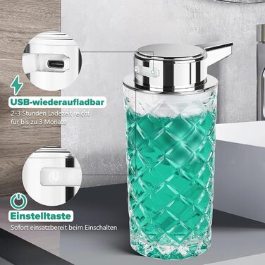 Phneems Automatic Soap Dispenser Glass Electric Soap Dispenser with Sensor, 3-Level Adjustable, Soap Dispenser, Automatic Dish Soap Dispenser, USB Rechargeable, IPX5 Waterproof, 300ML for Bathroom, Kitchen, Gel
