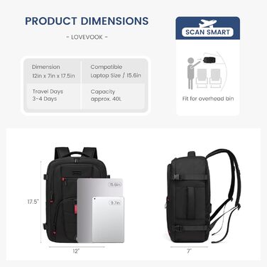 LOVEVOOK Рюкзак для ручної поклажі, дорожній рюкзак чоловічий/жіночий, 40л, з відділенням для ноутбука, чорний (45 x 32 x 20 см)