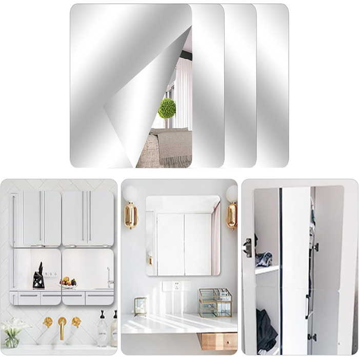 Самоклеючі дзеркальні наклейки на плитку, 4 шт. (40x30 см, круглий кут) - акрилові дзеркала для дому, школи, ванної кімнати