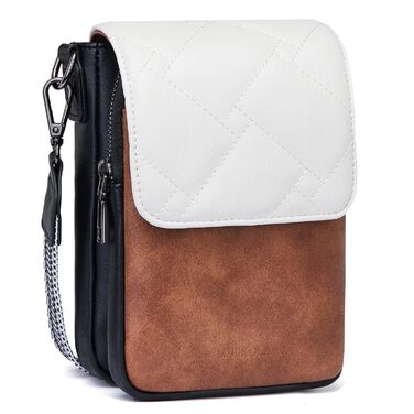 Сумка-органайзер на шию MUIIKOLA для телефону з RFID-захистом, велика місткість, екошкіра, гаманець, широка лямка, чорно-коричнево-біла