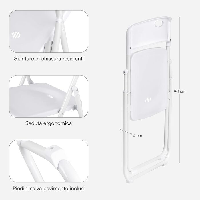 Baroni Home Folding Chair with PVC and Steel Frame, Space-Saving Foldable Seat with Feet and Handle, Outdoor Chair, Kitchen, Living Room, Travel, 74x43x49 cm, Pieces, (8, White)